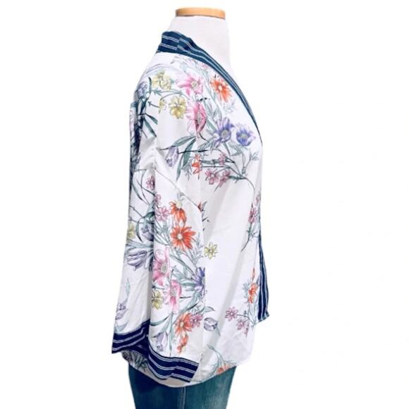 Cupio Floral Kimono Cardigan Top Open Front Boho Striped Navy Trim Size L - Picture 3 of 9